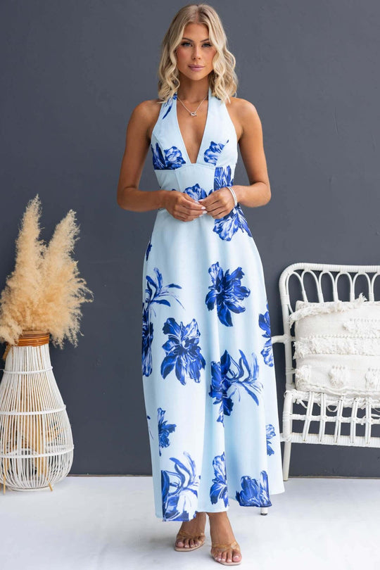 Damen Maxikleid mit tiefem V-Ausschnitt und floralen Akzenten EB