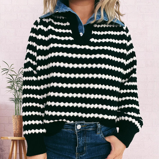 Damen Strickpullover mit tiefem V-Ausschnitt und markantem Streifenmuster EB