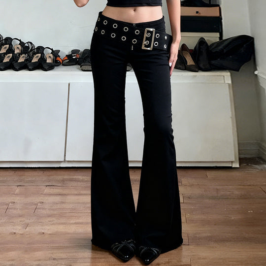 Damen Flared Jeans mit verstellbarem Gürtel und modischem Lochdesign EB