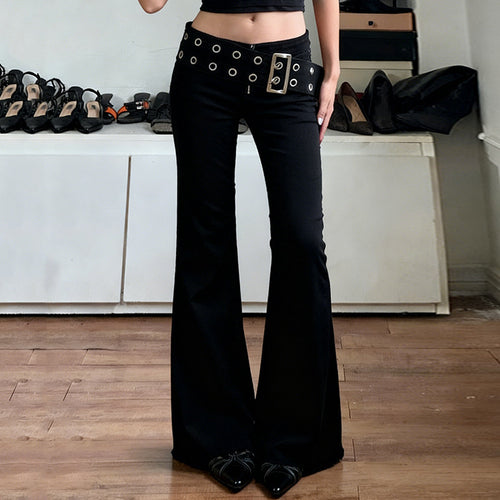 Damen Flared Jeans mit verstellbarem Gürtel und modischem Lochdesign EB