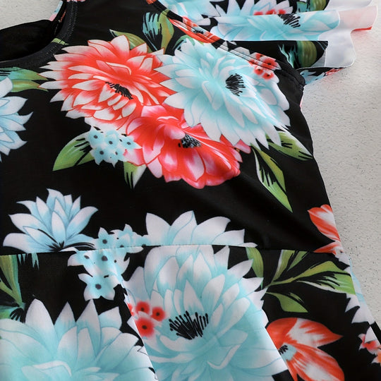 Damen Einteiler Badeanzug mit Rüschendetails und floralem Design EB