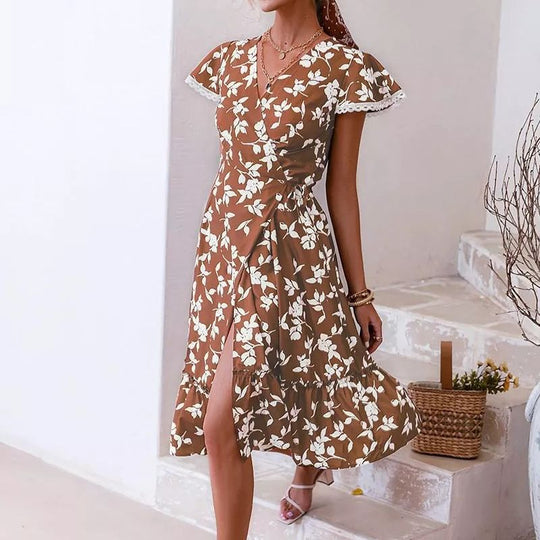 Damen Maxikleid mit floralem Motiv und hohem Schlitz EB