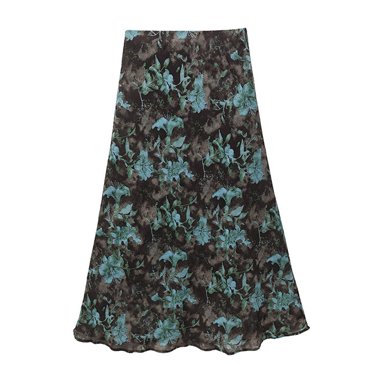 Damen  fließender Maxirock mit A-Linie und feinem Vintage-Print EB