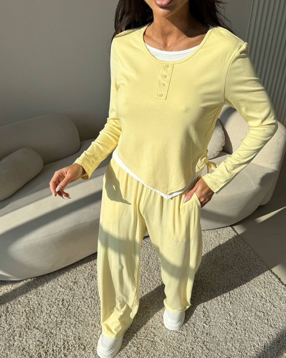 Damen lässiges Freizeit-Set mit Knopfdetails und elastischem Bund EB
