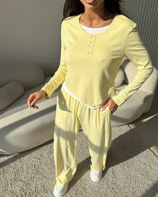 Damen lässiges Freizeit-Set mit Knopfdetails und elastischem Bund EB
