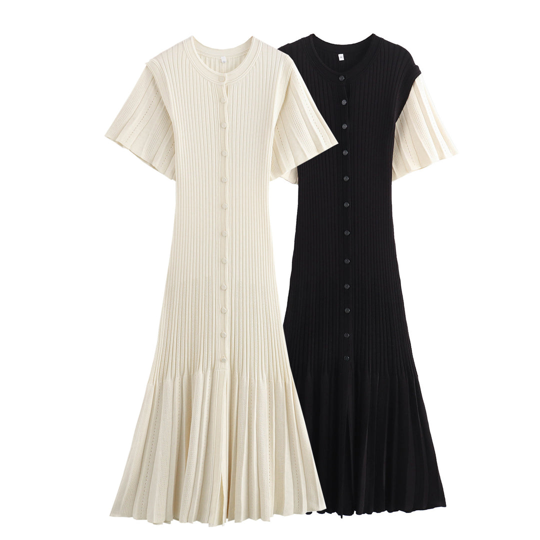 Damen Midi-Kleid mit elegantem Rüschensaum und feiner Knopfdetailierung EB