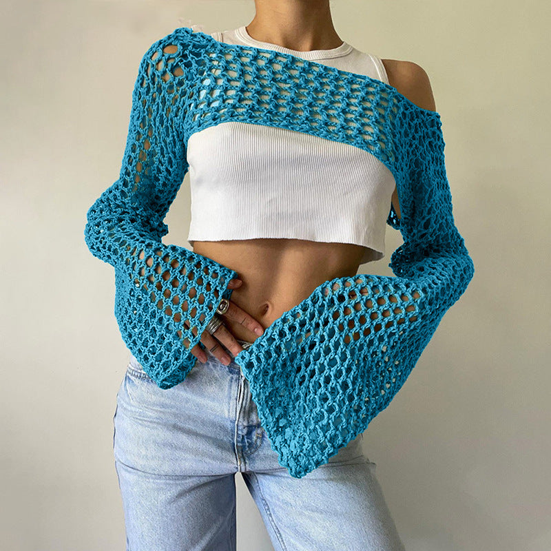 Damen gehäkeltes Langarm-Top mit Off-Shoulder-Design EB