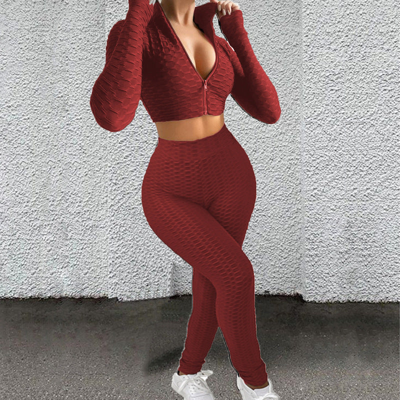 Damen Sportliches Zwei-Teiliges Set mit hochgeschlossenem Reißverschluss und strukturierter Oberfläche EB