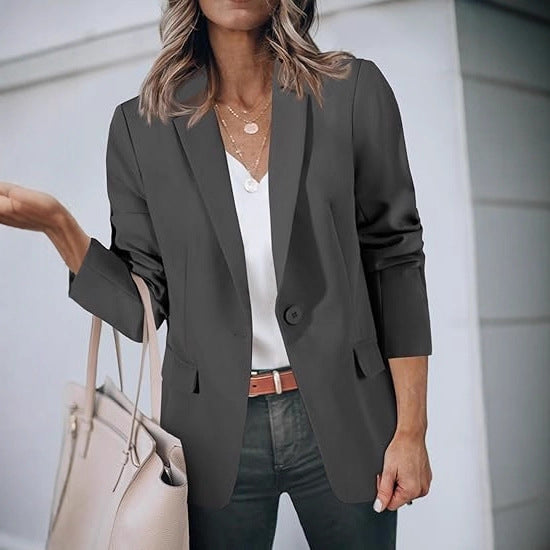 Damen Leichter Stretch-Blazer mit Schalkragen, Ein-Knopf-Verschluss und dreiviertelärmeln EB