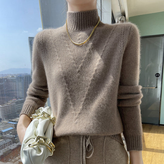Damen weicher Strickpullover mit hohen Kragen und V-Design EB
