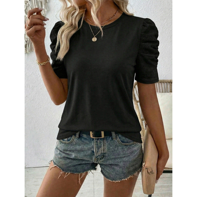 Damen T-Shirt mit Puffärmeln und Spitzenapplikationen EB