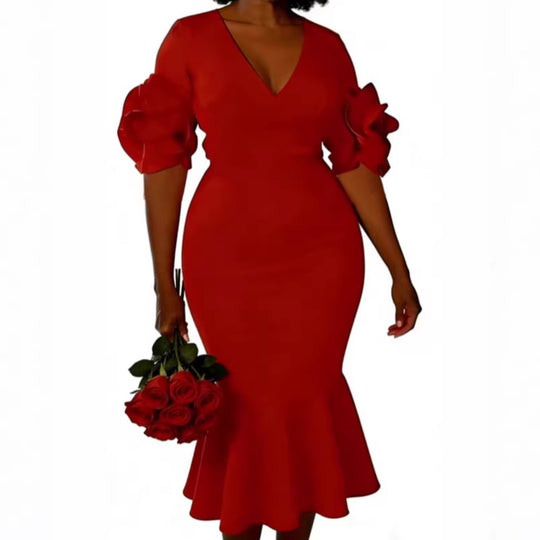 Damen figurbetontes Kleid mit voluminösen Rüschenschultern EB