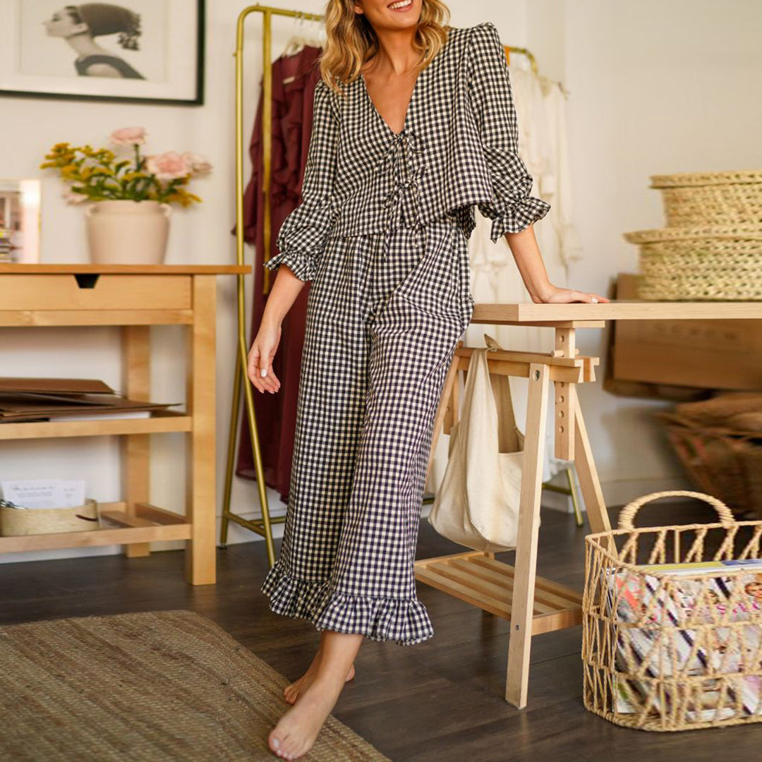 Damen Karierter Pyjamaanzug mit Rüschendetails EB