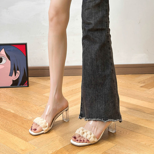 Damen elegante Mules mit geschwungenem Riemchen und durchsichtigen Blockabsatz EB