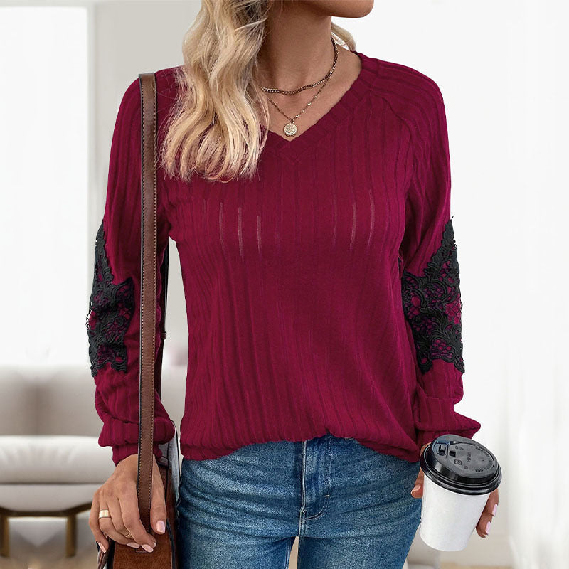 Damen Strickpullover mit Spitzenärmeln und V-Ausschnitt EB