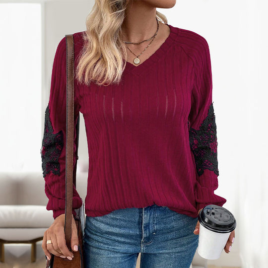 Damen Strickpullover mit Spitzenärmeln und V-Ausschnitt EB