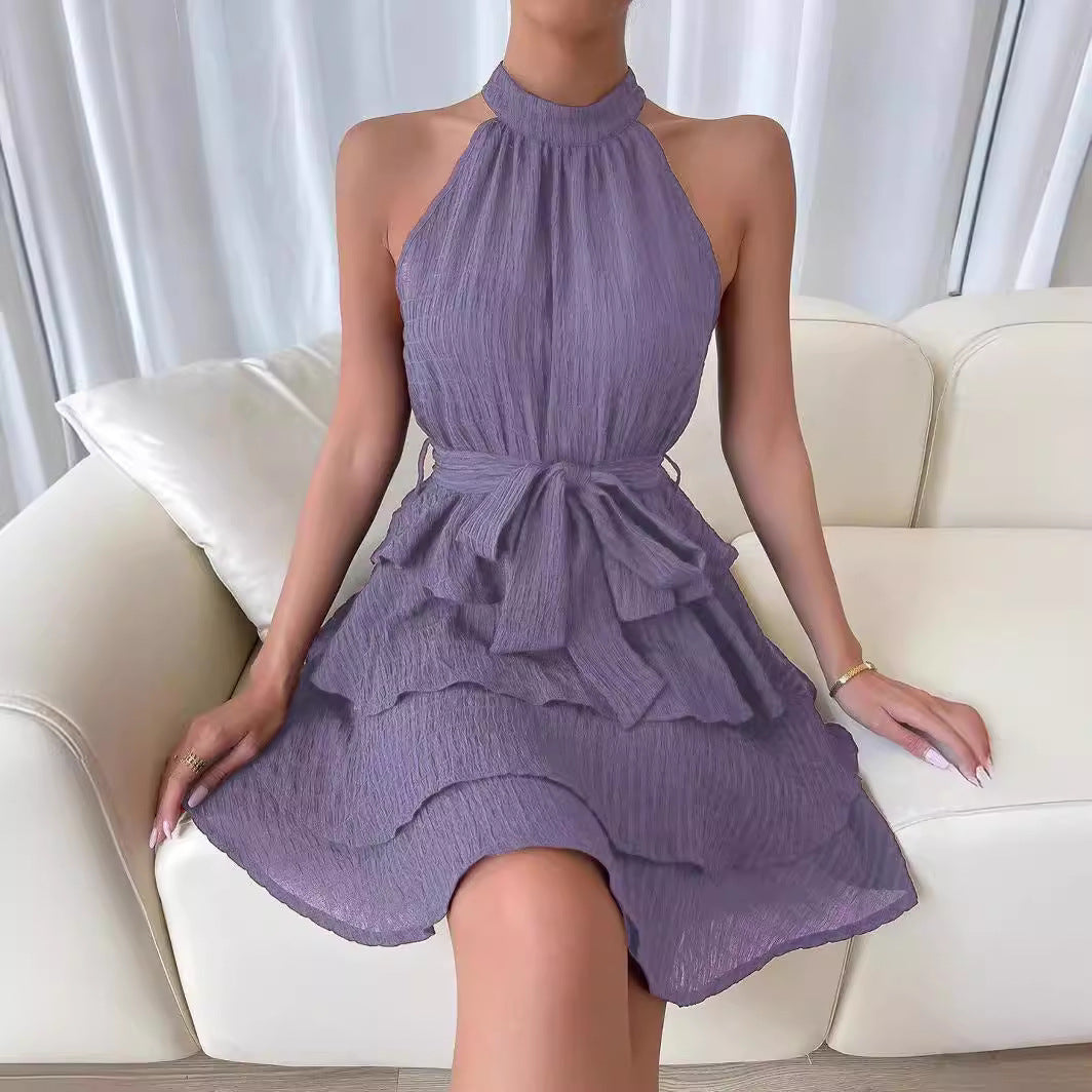 Damen Hochgeschlossenes Volantkleid mit Taillengürtel EB