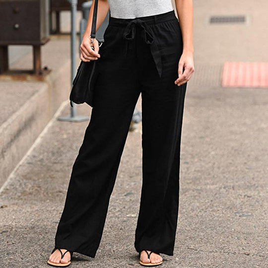 Damen Weite Lounge-Hose mit hohem Gummibund und dekorativem Bindeband EB