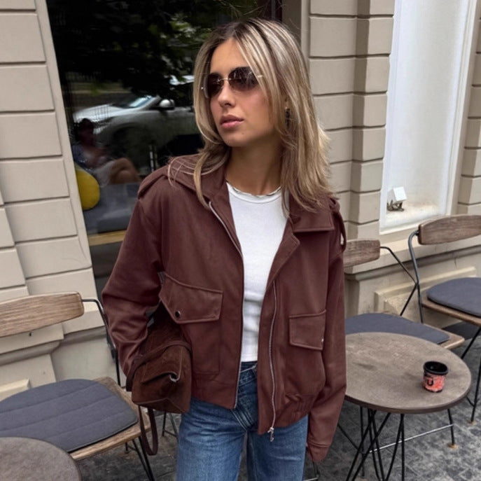 Damen Modische Suede Bomberjacke mit praktischen Taschen und Reißverschluss EB