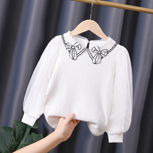 Mädchen Bluse mit transparenter Puffärmel und besticktem Kragen EB