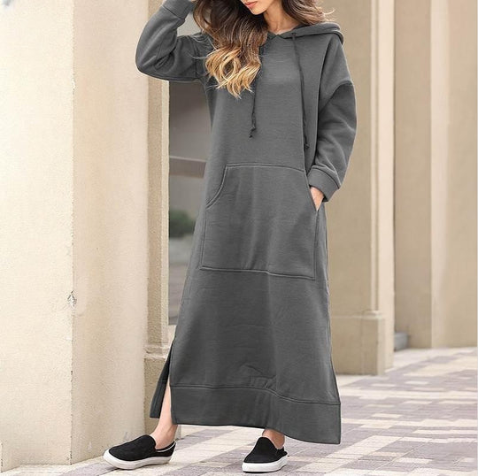 Damen nan langes Kapuzen-Sweatkleid mit Kängurutasche, Seitenschlitzen und lockerer Oversize-Passform EB