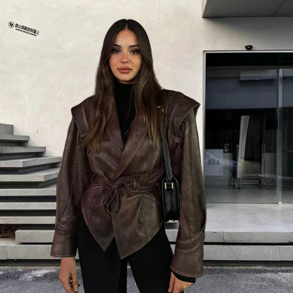 Damen Kunstleder Blazerjacke mit strukturierter Silhouette EB