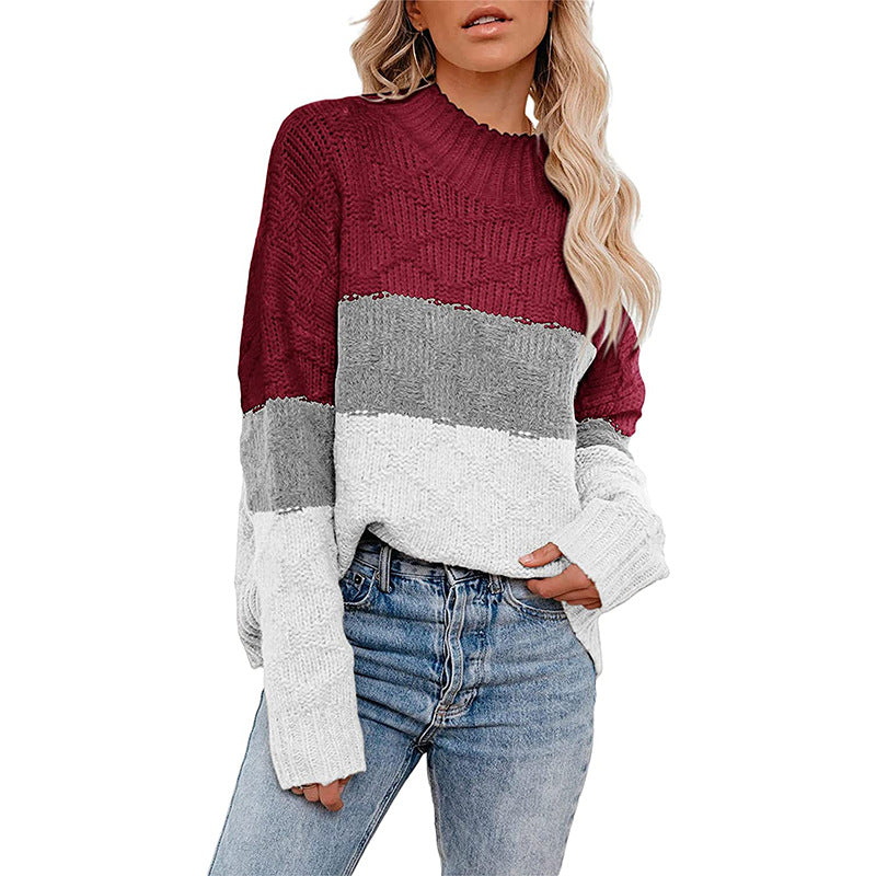 Damen farbenfroher Strickpullover mit strukturiertem Muster und hohem Kragen EB