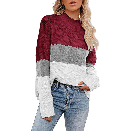 Damen farbenfroher Strickpullover mit strukturiertem Muster und hohem Kragen EB