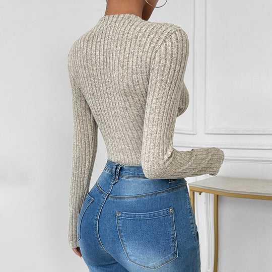 Damen Langarm-Bodys mit Knopfverschluss und Rippstruktur EB