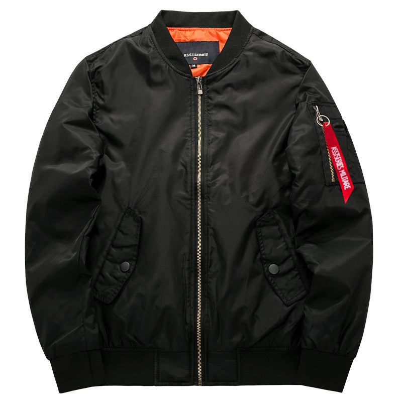 Men's  minimalist nylon flight bomber with low-profile front pockets and zip sleeve tag EB