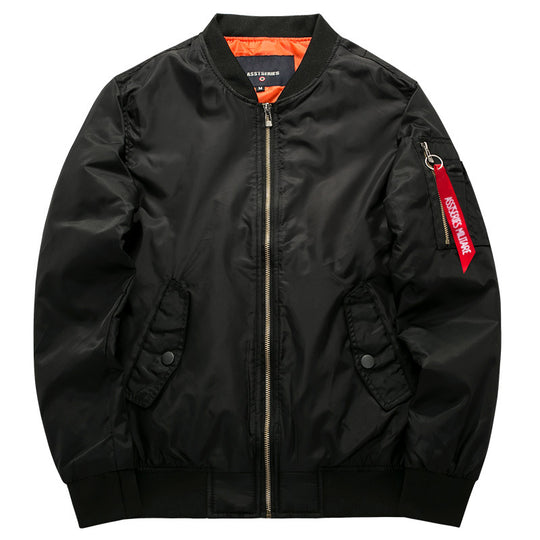 Men's  minimalist nylon flight bomber with low-profile front pockets and zip sleeve tag EB