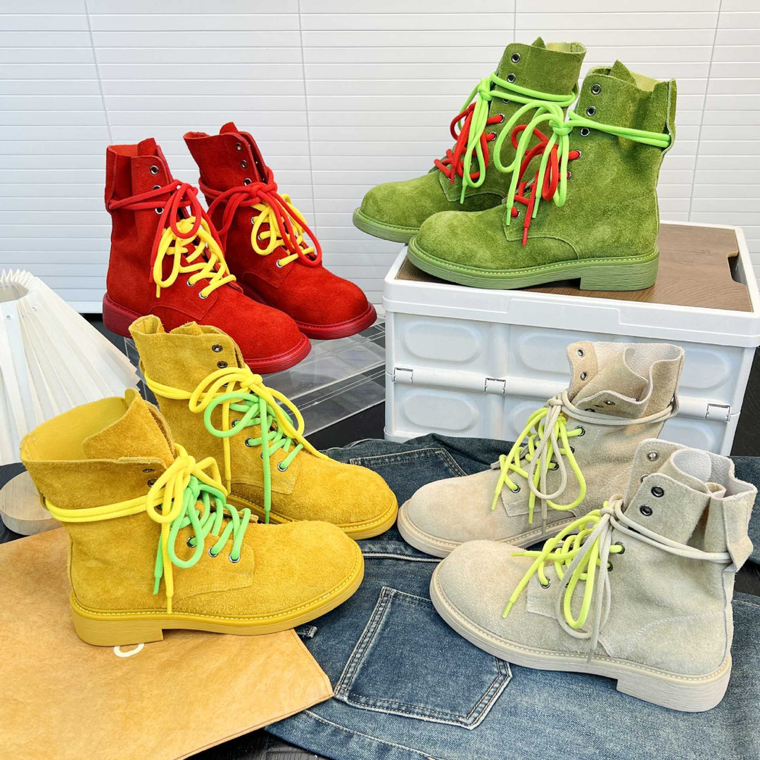 Damen modische Wildleder-Boots mit neonfarbenen Schnürsenkeln und robustem Profil EB
