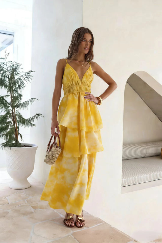 Damen Maxikleid mit voluminösen Rüschenschichten und V-Ausschnitt EB