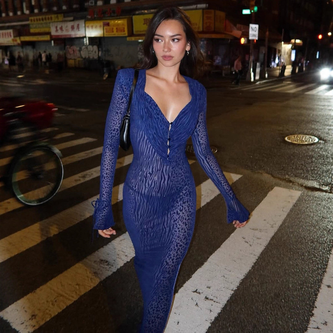 Damen elegantes Maxikleid mit tiefem V-Ausschnitt und verspielten Rüschendetails EB