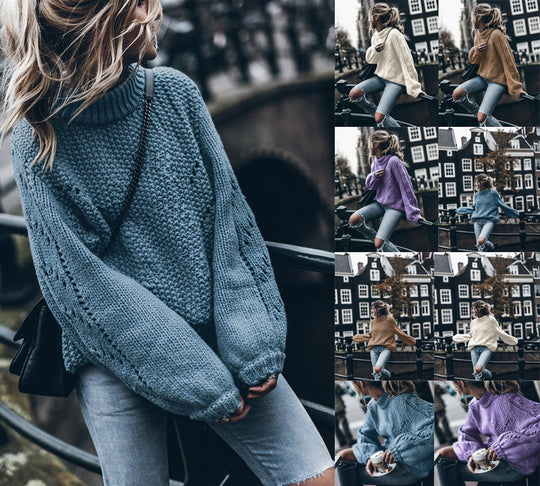 Damen Grobstrickpullover mit weitem Schnitt und modischem Rollkragen EB