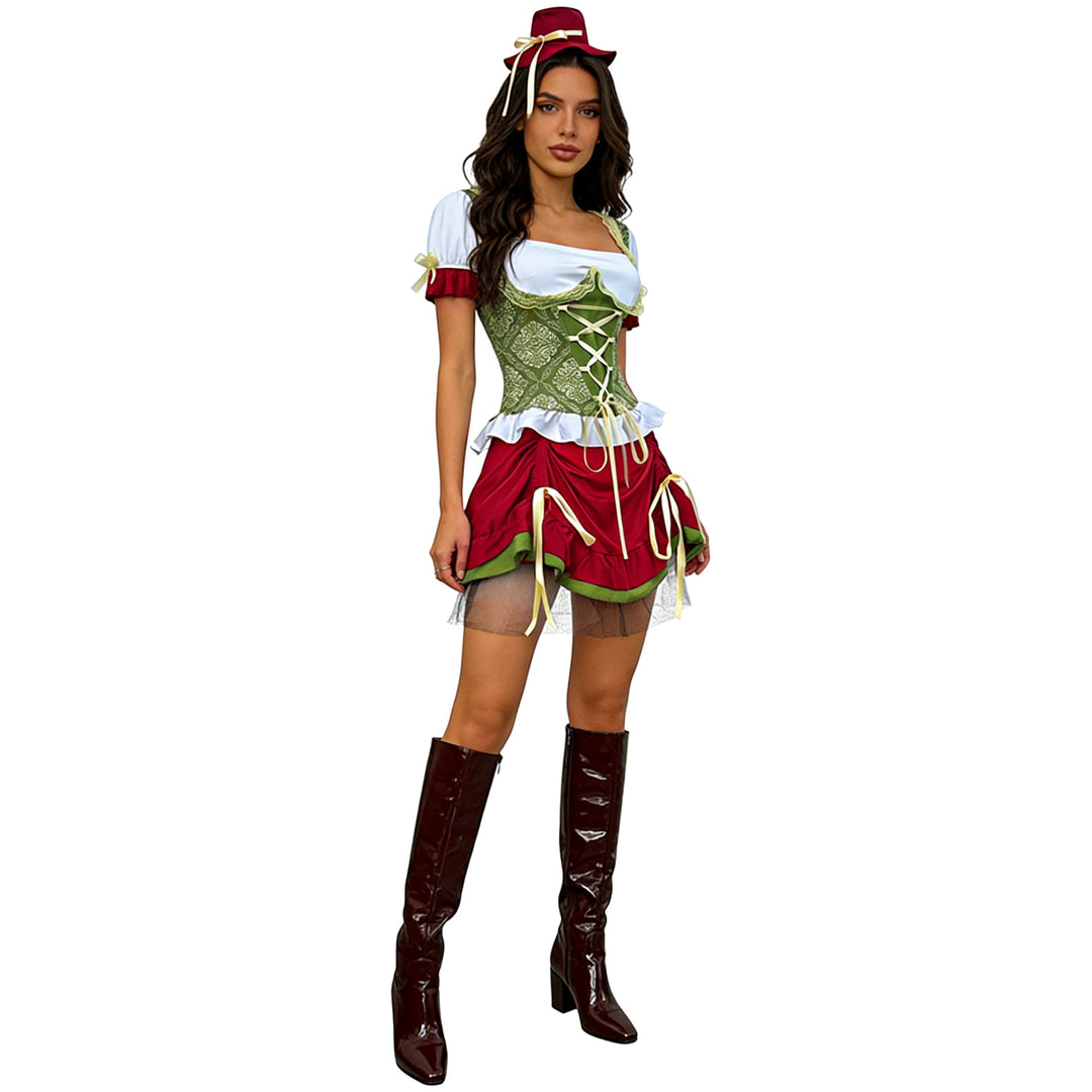 Damen nan kurzes Dirndl Trachtenkleid mit Schnürcorsage, Spitzenkragen und gerafftem Rock EB