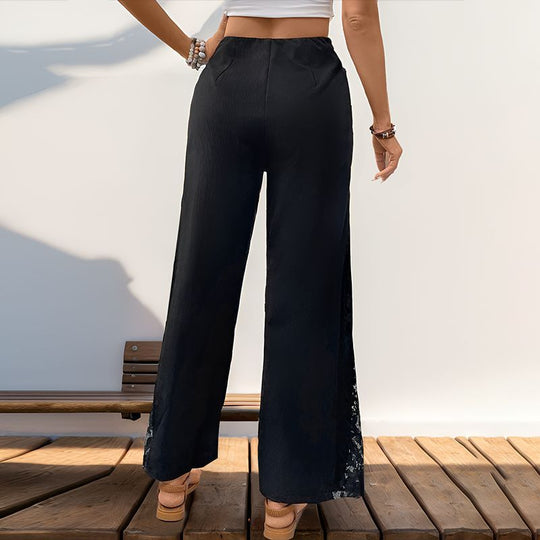 Damen Weite Stoffhose mit eleganter Spitze und hohem Bund EB