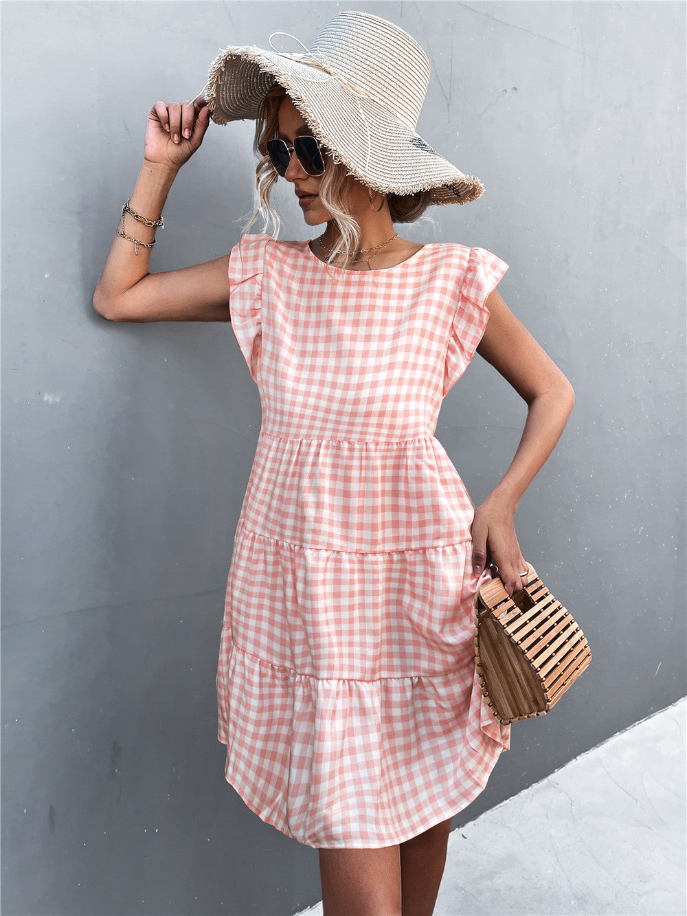 Damen Viskosekleid mit Rüschendetails und kariertem Design EB
