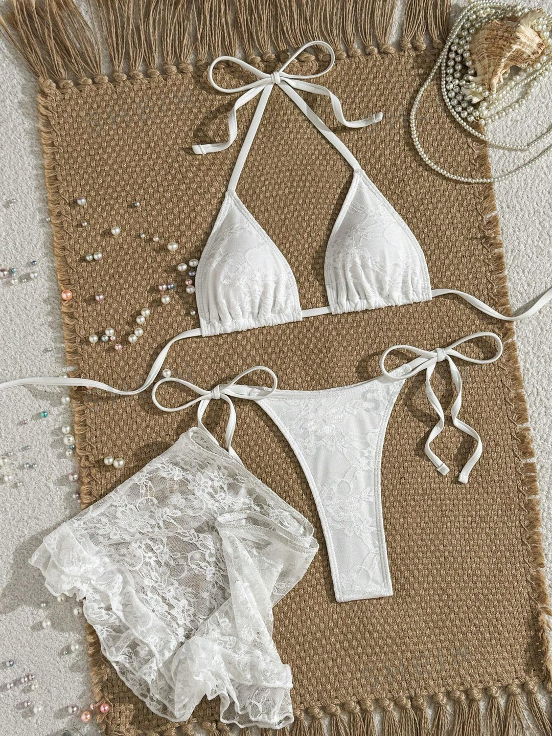 Damen Spitzen-Bikini mit floralem Design und fließendem Rock EB