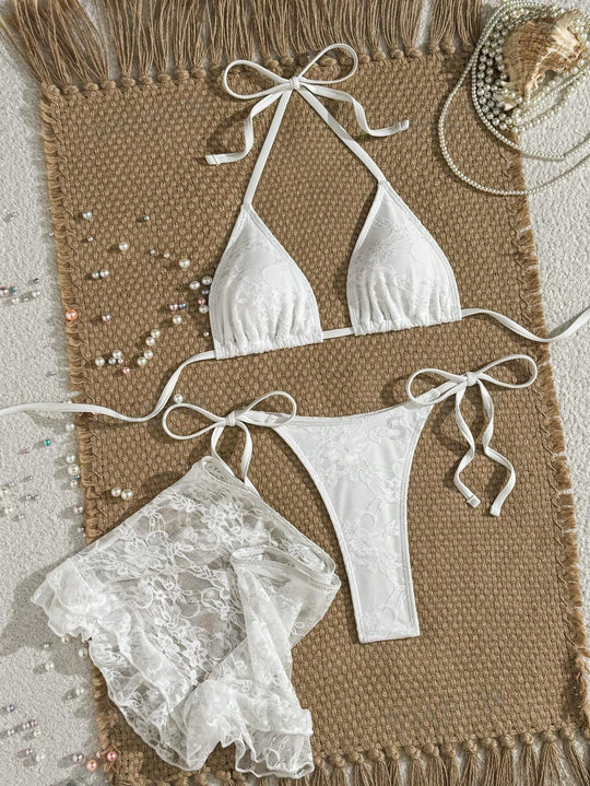 Damen Spitzen-Bikini mit floralem Design und fließendem Rock EB