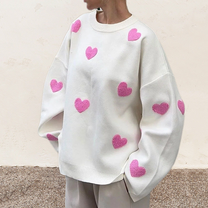 Damen Oversize-Feinstrickpullover mit Allover-Herzintarsien und überschnittenen Schultern EB