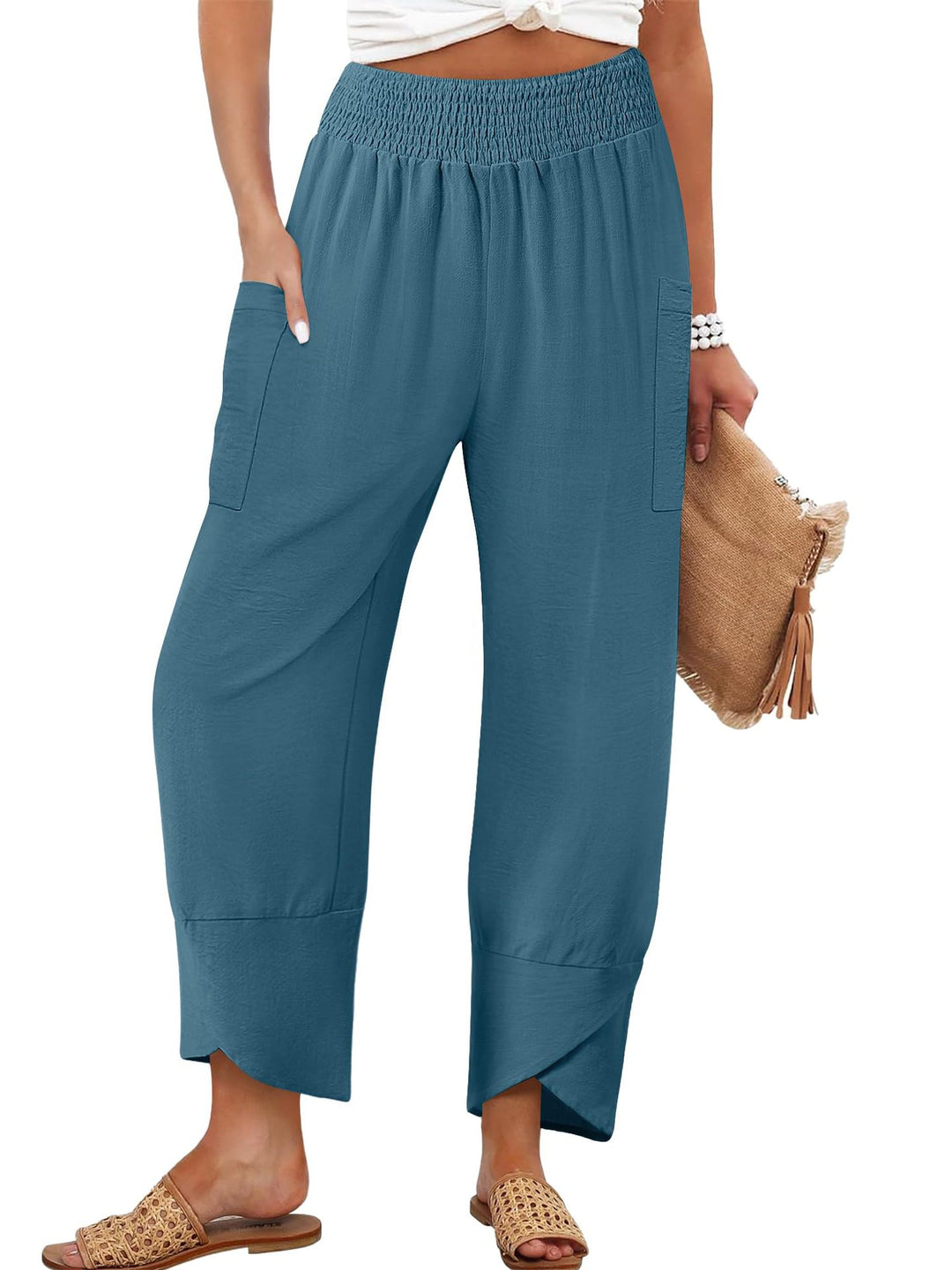 Damen Weite Sommerhose mit elastischem Bund und praktischen Taschen EB