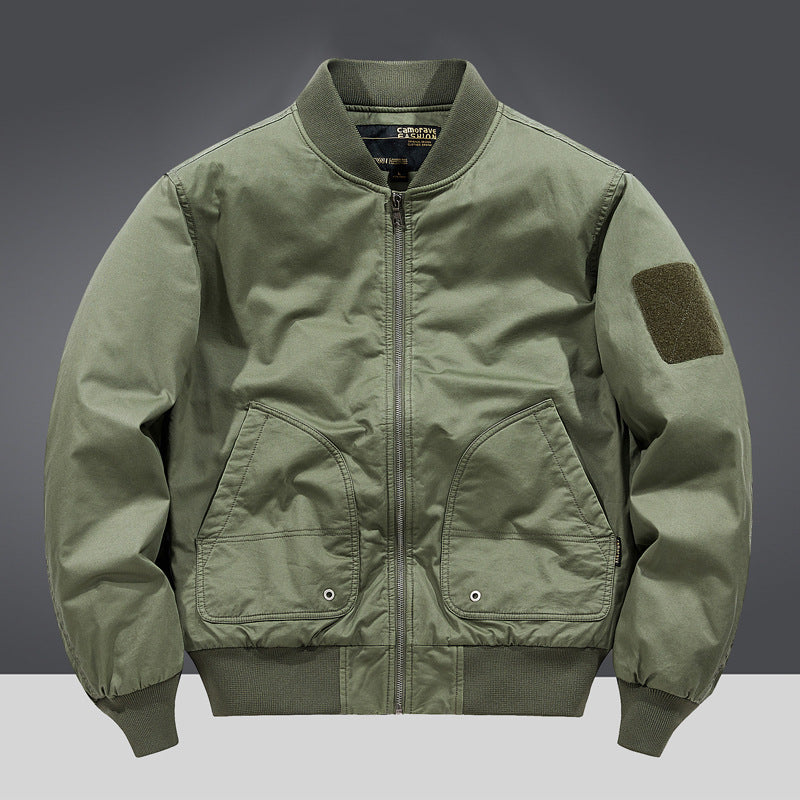 Men's  military-inspired heavyweight cotton bomber jacket with curved flap utility pockets and sleeve velcro patch EB