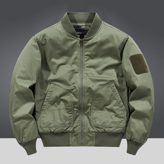 Men's  military-inspired heavyweight cotton bomber jacket with curved flap utility pockets and sleeve velcro patch EB