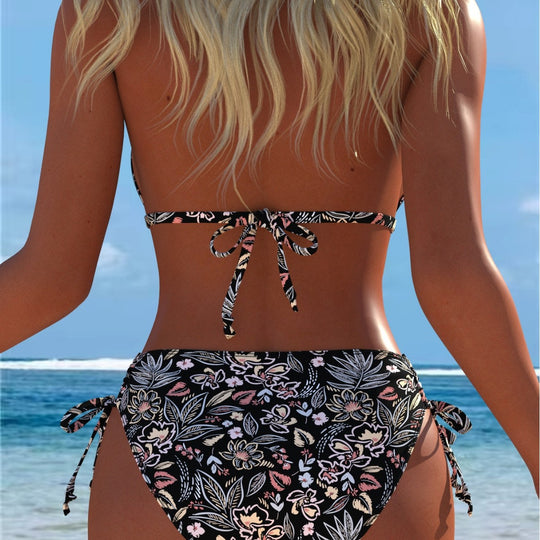 Damen Triangel-Bikini mit verspieltem Floral-Design und verstellbaren Bindebändern EB