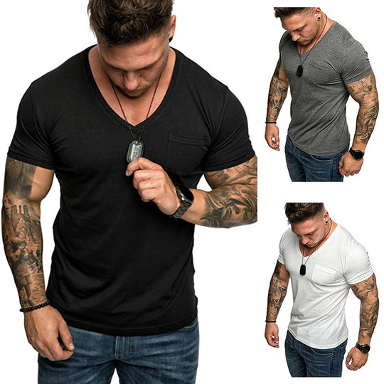 Herren V-Ausschnitt T-Shirt aus weicher Baumwolle mit Brusttasche EB