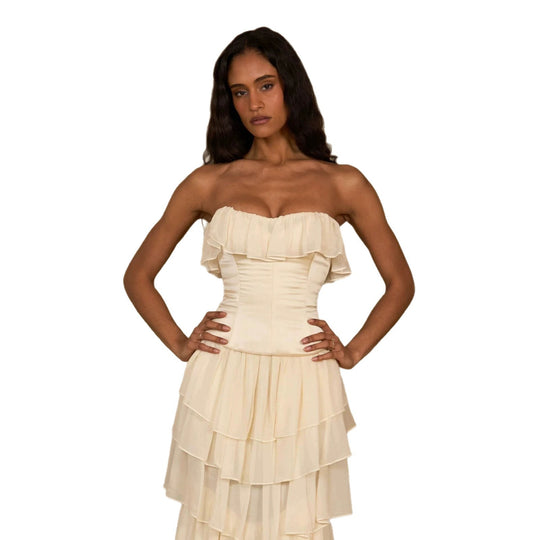 Damen Elegantes, schulterfreies Maxikleid mit fließenden Rüschen EB