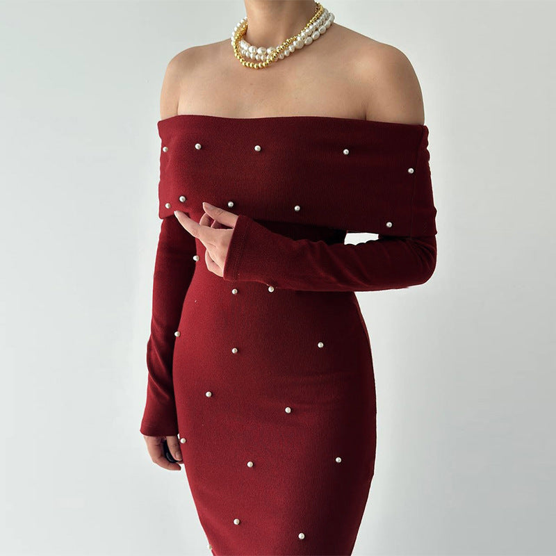 Damen schulterfreies Maxikleid mit eleganter Perlenverzierung und figurbetontem Schnitt EB