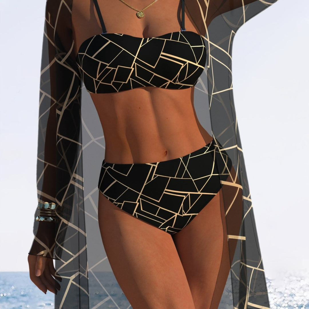 Damen Bikini-Set mit floralem Design und transparenter Strandjacke EB