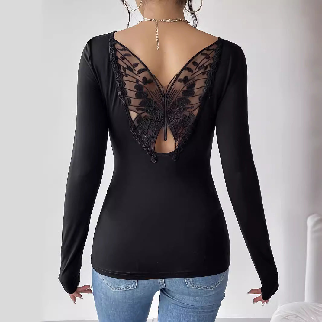 Damen nan eng anliegendes Langarmtop mit tiefer Rückenöffnung und besticktem Schmetterlings-Spitzeneinsatz EB